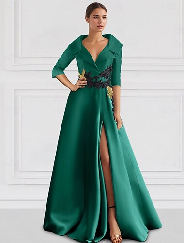  Schwarz A-Linie Abendkleid Elegantes Kleid Smoking Kleid Formal Bodenlänge 3/4 Länge Ärmel Hemdkragen Tasche Satin mit Applikationen beeindrucken 2025