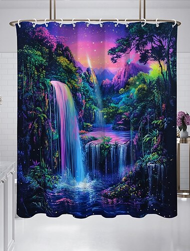  Duschvorhang mit Haken 200cm hoch duschvorhang waschbar Polyester Wasserfest Wald Wasserfall Muster Badezimmer Badewanne Dekor
