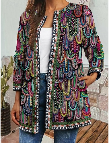  Mujer Chaqueta Fiesta Bolsillo Geométrico Resistente al Viento Moda Ajuste regular Ropa de calle Manga Larga Otoño Colorido M