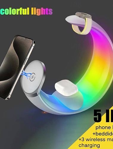  אור חכם LED מטען אלחוטי מגנטי 5 בפנים מנורת אור ירח עם פונקציית התעוררות באמצעות מגע תומך בטעינה אלחוטית של אוזניות טלפונים ניידים ושעונים חכמים