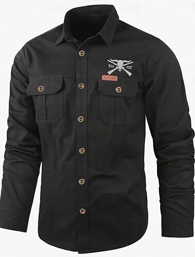  Herren Kuh-Druck Hemd Westernhemd Cargo-Shirt Langarm Brautkleider schlicht Taktisch Sport & Natur Ausgehen Winter Frühling & Herbst Umlegekragen Bedruckt Schwarz Armeegrün Khaki Beige
