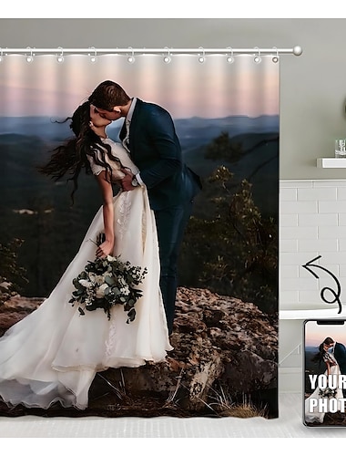 Personlig duschgardin med 12 krokar - anpassad bröllopsgåva för par bröllopsgåva badrumsdekoration tyg vattentålig tvättbar ladda upp din bild foto till badrum eller hotell