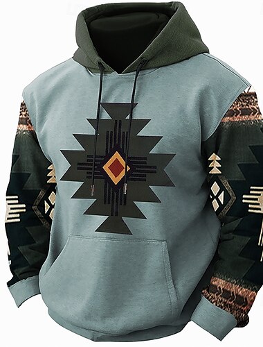 Męskie Aztek Nadruk bandany Bluza z Kapturem Z kapturem Bluzy Bluza z Kapturem Długi rękaw Bluza z kapturem Kaptur Bohema Druk 3D Urlop Streetwear Niebieski Zielony Kieszeń Druk 3D Jesień Zima