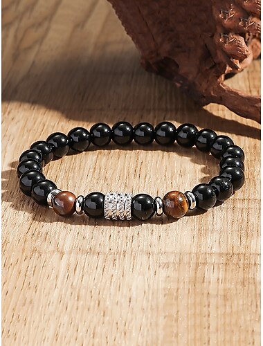  armband med pärlor i natursten och rostfritt stål - tigeröga och svart onyx - snygg och hållbar accessoar