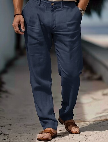  Herren Anzughose Leinenhosen Hose Sommerhose Strandhose Fronttasche Gerader Schnitt Einfach Komfort Atmungsaktiv Volle Länge Formell Geschäft Ferien Mode Basic Weiß Marineblau