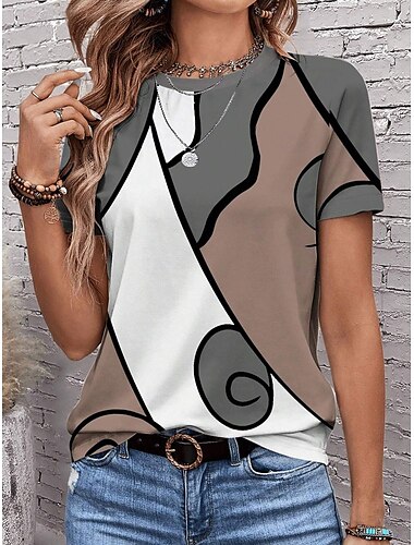  dames t-shirt casual print korte mouw normale tops dagelijks rood kaki grijs zomer