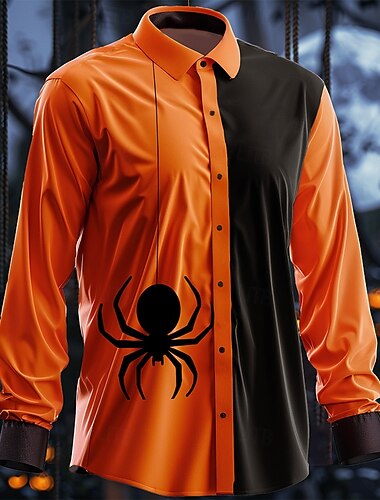  Halloween Smorfia Scuro Per uomo Camicia con bottoni Manica lunga Da sera Autunno Inverno Primavera estate Colletto Stampa 3D Sottile Arancione Raso