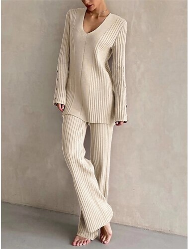  pyjamasset för kvinnor ren färg mode grundläggande komfort hem daglig säng stickad andas v wire långärmad tröja byxknapp resår midja höst vinter hem outfits