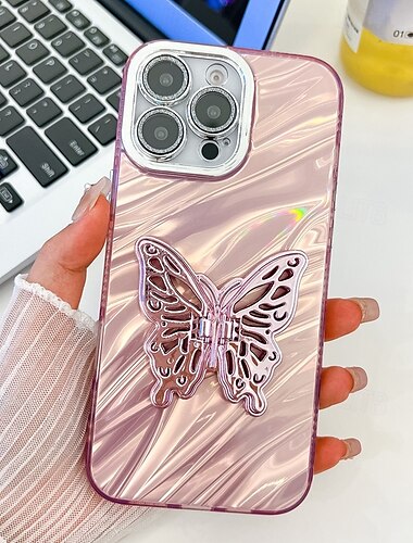  Phone Case For iPhone 16 Pro Max Plus iPhone 15 14 Pro Max Plus iPhone 13 Pro Max Back Cover with Stand Holder Camera Lens Protector Shockproof Butterfly Plating PC