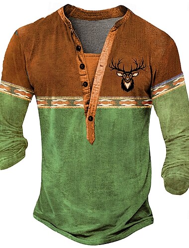  Herren Oktoberfest Hirsch Henley Hemd Langarm 3D-Druck Sport Mode Täglich Straße Lässig Täglich Winter Frühling & Herbst Blau Braun Grün Henley Henley T-Shirt