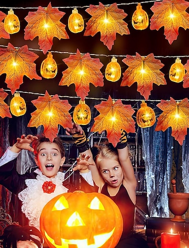  Guirlande lumineuse élégante en forme de citrouille et de feuille d'érable pour réception de mariage - Guirlande d'automne alimentée par batterie USB 10/20/40 LED pour décoration d'intérieur