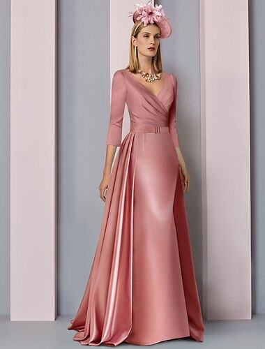  A-Linie Mutter der Braut Kleid Formelle Abendmode Elegantes einfaches V-Ausschnitt Sweep  Brush Train Stretch Satin 3/4-Länge Ärmel mit Falten gerafft Rüschen 2025