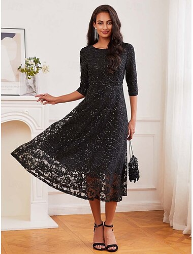  robe noire Robe unie Femme Robe mi-longue Maille Plein Air Rendez-vous Décontractées Col Ras du Cou Manches 3/4 Ample Noir S M L XL 2XL