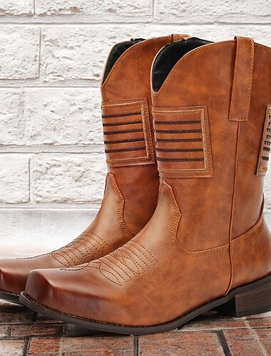  braune Western-Cowboystiefel aus Kunstleder für Herren – Vintage-Stil mit einzigartigen Nähten und Streifendetails für den Außenbereich