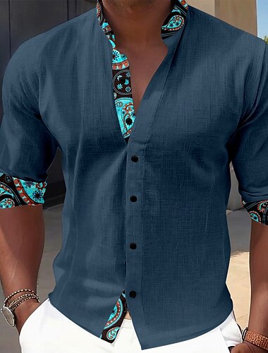  Herren Oberhemd Knopfhemd Urlaub Täglich Schwarz Tintenblau Braun Langarm Stehkragen Sommer Frühling & Herbst Bekleidung 3D-Druck