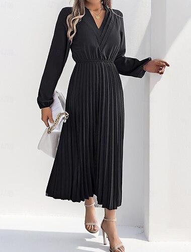 Robe de travail Robe Trapèze Femme robe longue Mode Moderne Bouffantes Plissé Col V manche longue Bureau Mode de travail Plein Standard Noir Vin Marron Printemps Automne S M L XL