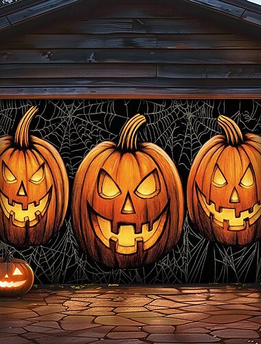  Halloween-Türdekorationen für draußen, Halloween-Garagentorabdeckung, Jack-o-Laternen-Banner, Kürbisskelett für draußen, große Kulisse für die Feiertage, Garagentor für draußen, Wanddekorationen für