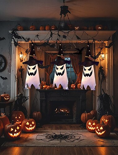  Decorações de Halloween Fantasma Iluminado Pendurado Chapéu de Bruxa Pátio Interno e Externo Árvore Festival Linha Decoração 3Pcs