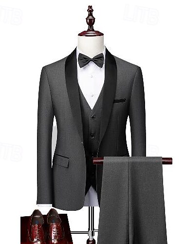  Heren Feest Bruiloft Smoking Feest Donker Grijs Zwart Effen Standaard pasvorm 3-delige set Enkele rij knopen met één knoop