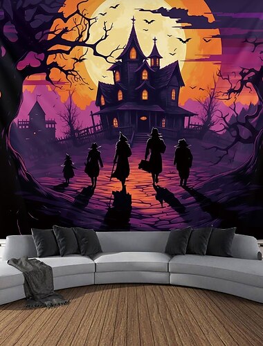  Halloween Schwarzlicht Wandteppich Spukschloss UV-Reaktiv Leuchtet im Dunkeln Glow-Party Trippy Nebeliger Spukhaus Hängender Wandteppich Wandkunst Wandmalerei für Wohnzimmer Schlafzimmer