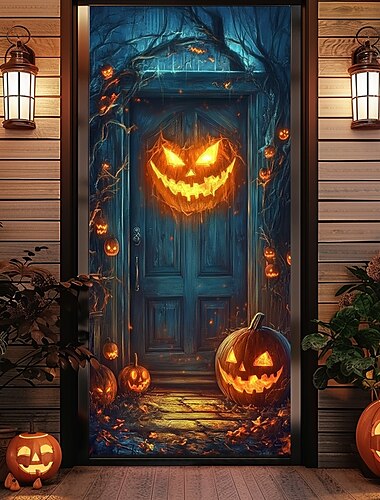  Halloween-Türdekorationen, Halloween-Türabdeckungen, Jack-o-Laterne, Kürbis-Türvorhang, Türteppich, Dekoration, Hintergrund, Türbanner für die Haustür, Bauernhaus, Urlaubsparty, Innen- und
