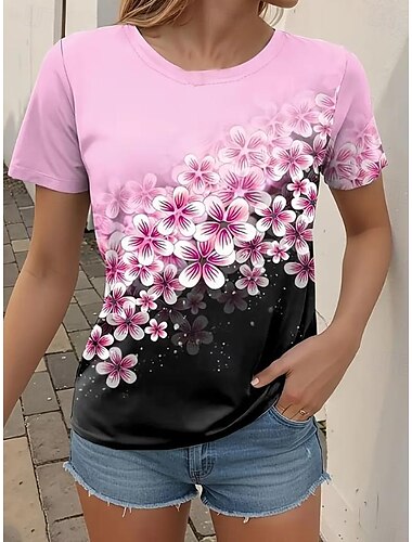  Damen T-Shirt Casual Print Kurzarm Normal Oberteile Alltag Schwarz Rosa Blau Himmelblau Sommer