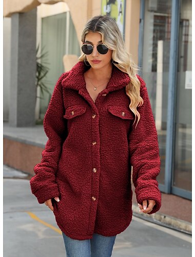  Damen Fleecejacke Teddy-Mantel warm halten Tasche Modern Glatt Arbeit Einreihiger Verschluss Umlegekragen Regular Fit Langarm Oberbekleidung Schwarz Weiß Rosa Herbst Winter