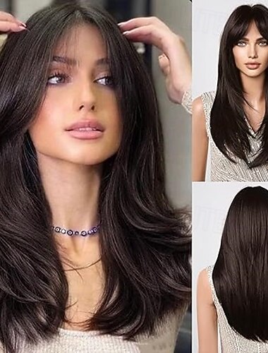  perucas para mulheres peruca com franja em camadas longa reta cabelo natural peruca sintética
