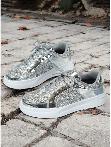  baskets à paillettes argentées et métalliques pour femmes – chaussures à lacets tendance pour les fêtes et les tenues décontractées
