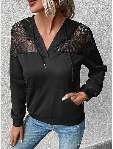  Damen Hoodie Sweatshirt Casual Plain Street Dailywear Hoodie Patchwork Tasche Langarm Schwarz Herbst