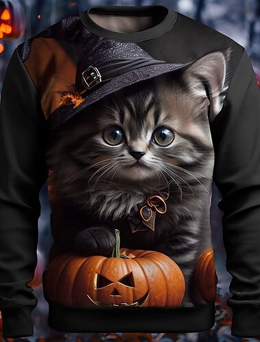  Katze Kürbis Modisch 3D-Druck Sweatshirt Pullover Urlaub Strassenmode Halloween Hoodies Schwarz Orange Langarm Rundhalsausschnitt Herbst Winter Designer Kapuzenpullover