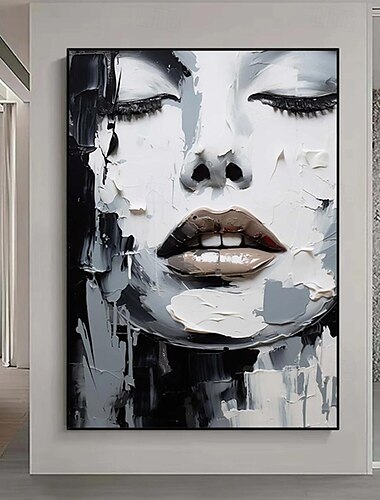  schoonheid slapende muurkunst abstracte gezichtsverf met de hand geschilderd zwart-wit textuur schilderij paletmes muurkunst huisdecoratie meisjesgezicht meisjeskamer huisdecoratie gespannen frame