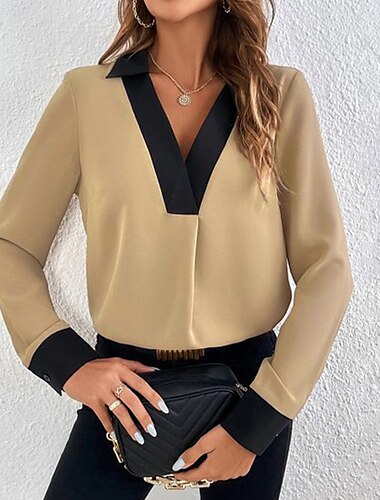  Damen Hemd modern Langarm Regular Tops Hemdkragen Arbeit schwarz weiß grün khaki Frühling Herbst Winter