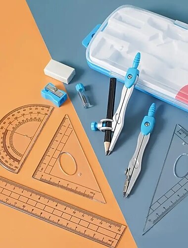  10個の幾何学コンパスセット、収納ボックス、定規、分度器、コンパス、消しゴム、鉛筆削り、鉛筆替芯付き