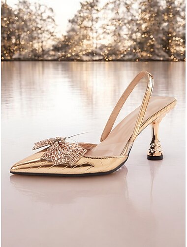  Zapatos de tacón con tira trasera acolchada en oro para mujer con detalle de lazo: lujoso diseño de punta puntiaguda para un elegante atuendo de noche