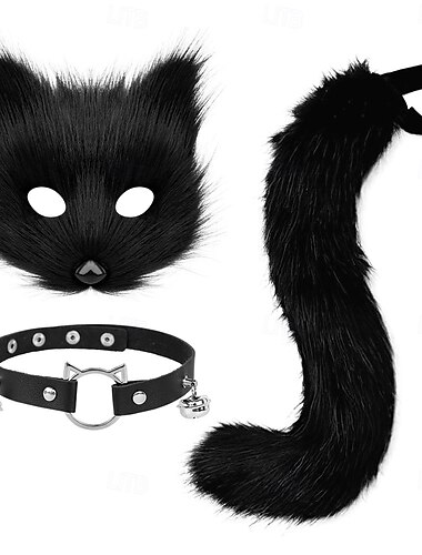  maschera di volpe in pelliccia sintetica, coda soffice di lupo e gatto e collana in pelle, set accessorio per costume da festa di carnevale e cosplay