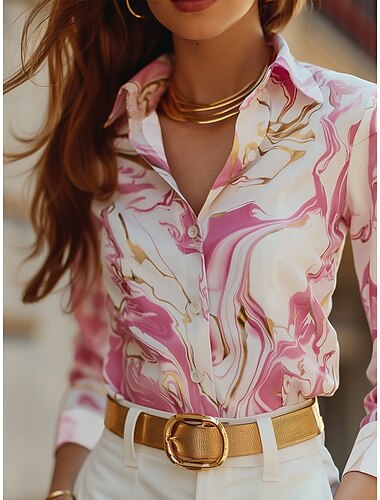  Dames Overhemd Marmeren afdrukken Elegant Modern Lange mouw Overhemdkraag Normale tops Werk Afdrukken Blozend Roze Lente Herfst