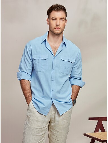  Homme Chemise Chemise en lin et coton Chemisette Chemise d'été Tenues de plage Chemise décontractée Chemise boutonnée Plein Casual du quotidien Bleu manche longue Revers Printemps été Vêtement Tenue