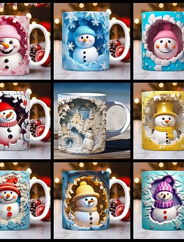  Tasse cadeau de Noël 3D Illusion Bonhomme de neige - Tasse à café en céramique, Cadeau de Noël - Festif et unique 330 ml/11,2 oz