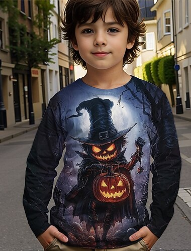  ハロウィーン 男の子 3D グラフィック カートゥン カボチャ Tシャツ Ｔシャツ 長袖 春 秋 ファッション ベーシック ポリエステル 子供 4〜12年 クルーネック アウトドア カジュアル 日常 レギュラー