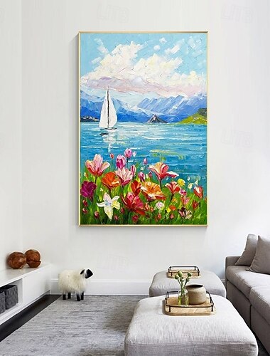  手作りの海のパトルナイフの花の油絵、手作りのビーチの装飾画、手描きの休暇の風景、波の山の絵、海の景色、カラフルな油絵、家の装飾、記念品の贈り物