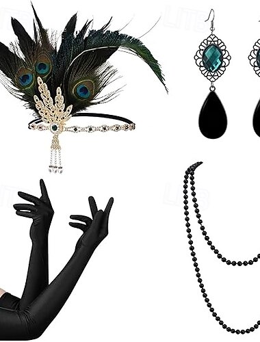  Epocă Anii 1920 Gatsby Bandană Adolescentă Set accesorii Charleston Invitat la nuntă Pană Modă Costume de fancy Pentru femei Mascaradă Recepția de Nuntă Petrecerea Burlăcițelor Festival Adulți Mănuși