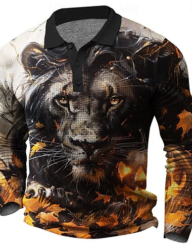  Graphic Löwe Herren Waffel-Poloshirt Golfpolo Langarm Partyabend Alltagskleidung Urlaub Frühling Herbst Winter Taste 3D-Druck Kragen Schwarz Mikro-elastisch Polyester