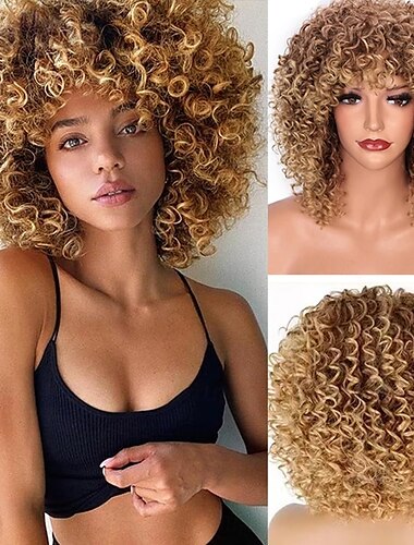  Pelucas rizadas rubias afro para mujeres negras, peluca rubia rizada con flequillo, cabello sintético resistente al calor para uso diario