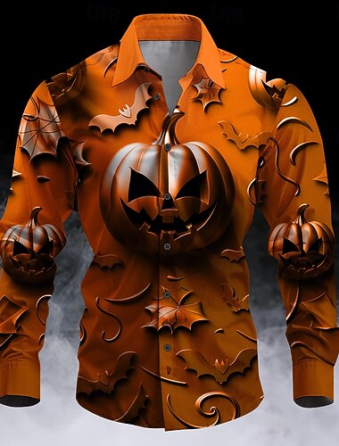  Halloween Zucca Orrore Per uomo Camicia con bottoni Manica lunga Da sera Autunno Inverno Primavera estate Colletto Stampa 3D Sottile Arancione Poliestere