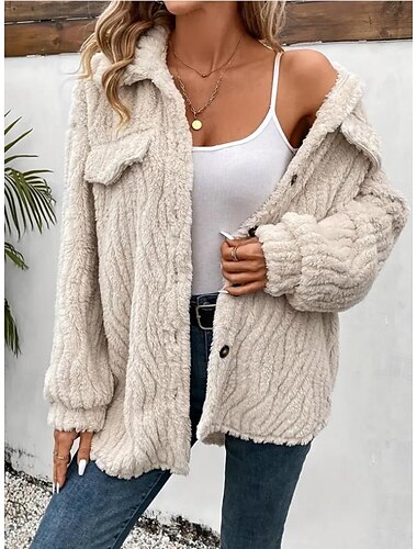  Dames Fleecejack Teddy jas Houd Warm Ademend Knop Zak Casual Effen Vakantie Straat Alledaagse kleding Uitgaan Enkele rij knopen Normaal Strijkijzer Normale pasvorm Lange mouw bovenkleding Abrikoos