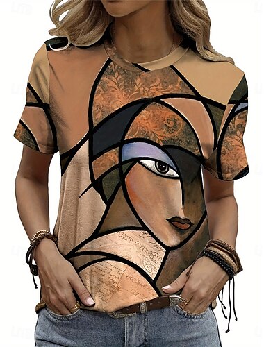  tricou dama imprimeu casual maneca scurta topuri obisnuite zilnic kaki vara