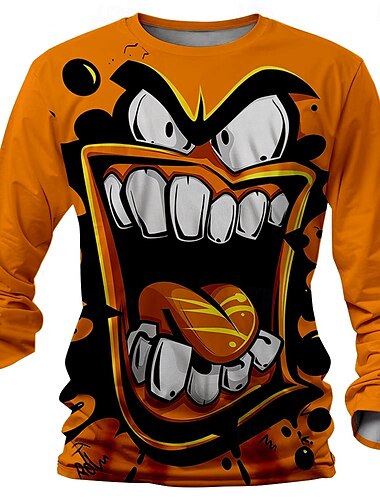  Halloween 男性用 おかしい Tシャツ ヘンリーシャツ 長袖 Tシャツ 3Dプリント クルーネック シャツ デザイナー レトリ／ヴィンテージ ストリート カジュアル 日常 イエロー ブルー パープル 夏 春 秋 衣類 S M L XL 2XL 3XL