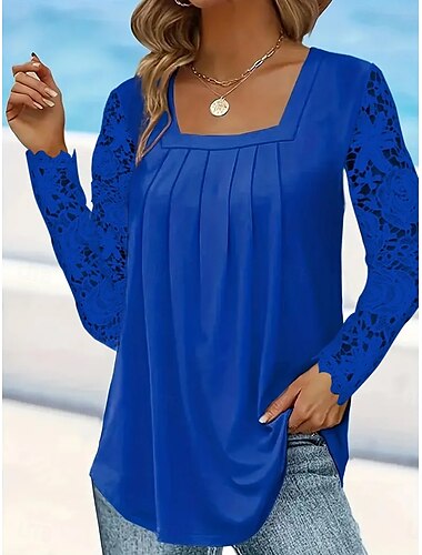  Damen Weiß Elegante Spitze Tops Augenschlitze Bluse Legere Unifarbe Spitze Langarm Reguläre Tops Quadrat-Ausschnitt Alltag Romantische Petite Tops Sommer Urlaubsbekleidung Weiß Rosa Blau Frühling