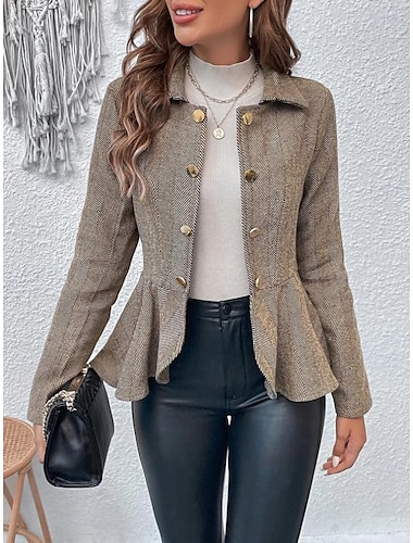  Mujer Chaqueta casual Exterior Volante Color sólido Resistente al Viento Moda Ajuste regular Ropa de calle Manga Larga Otoño Color Camello S